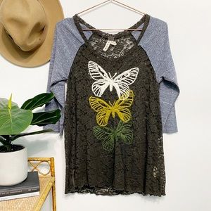 free people | butterfly embroidery lace raglan tee s